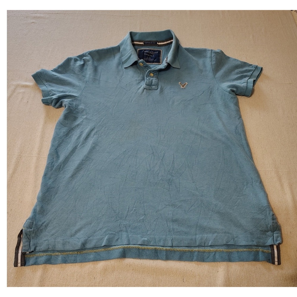 American Eagle Outfitters Mens Vintage Fit Eagle Polo Shirt Blue Large L 12